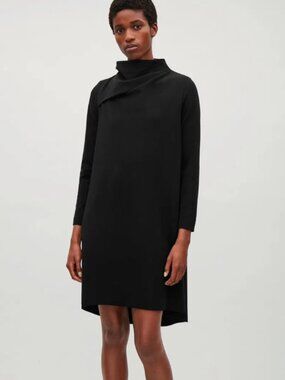 COS Black Draped Neck Long Sleeve Shift Dress (XS)